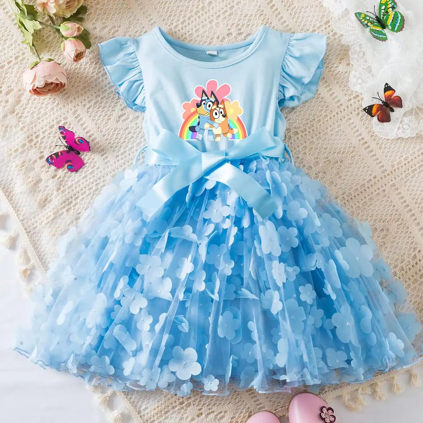 Girls Summer Dress Cartoon Bow Tutu Dress 3D Butterfly Cute Cotton Party Casual Dress for Baby 2-6 Years
