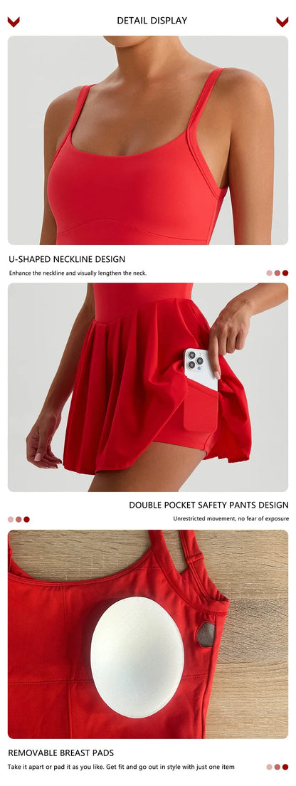Women's Summer Sleeveless Sports Dress Breathable Tennis Dress One-Piece Mini Skirt Golf Skirts Jumpsuit With Pockets