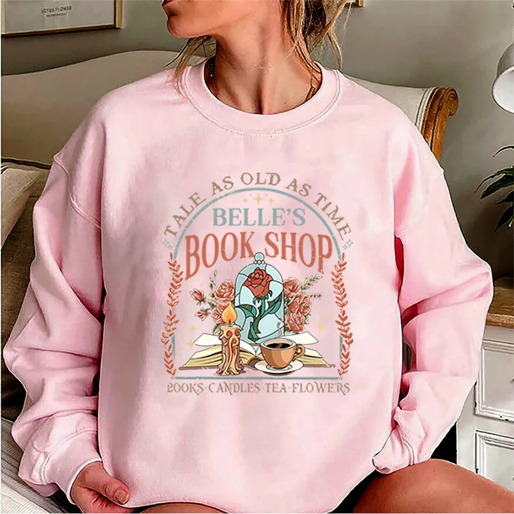 Vintage Belle's Book Shop Sweatshirt Women Tale As Old As Time Hoodie Beauty Beast Shirt Aesthetic Princess Trendy Sweatshirts