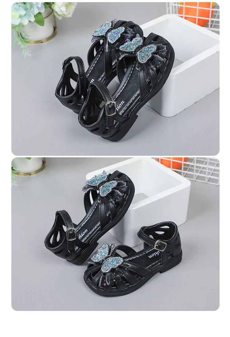 Shine Children Sandals for Girls Butterfly Cute Designer Kids Shoes Peep-toe Korean Style 2023 Summer New Soft Breatheable Chic