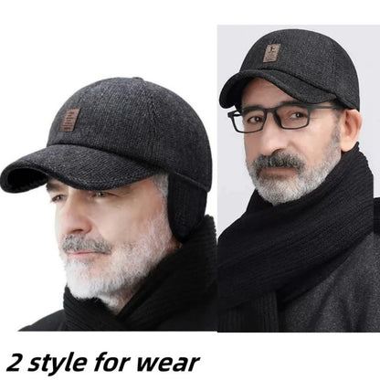 Autumn Winter Warm Men Woolen Baseball Cap Outdoor Ear Cover Earflaps Adjustable Hat Middle-aged Dad Hat With Earmuffs Design