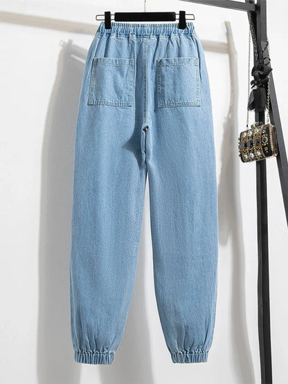 2025 Summer Women Plus Size Jeans Drawstring Elastic Waisted Harun Jeans Vintage Washed Cotton Oversized Trousers Y2k Pants