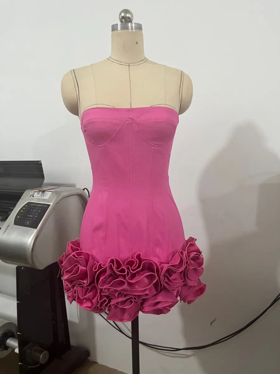 Christmas Dress Strapless Backless Red Structured Floral Embellished Mini Length Bodycon Celebrity Party Cocktail Dress