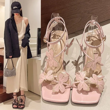 2025 Summer Butterfly Women's High Heel Sandals Square Toe Buckle Casual  Shoes Elegant Stiletto Heel Ankle Strap Party