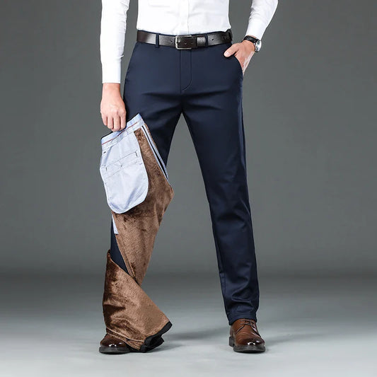 Winter New Flannel Thick Men's Casual Pants Fleece Navy Black Business Straight Slim Stretch Warm Plush Trousers Male