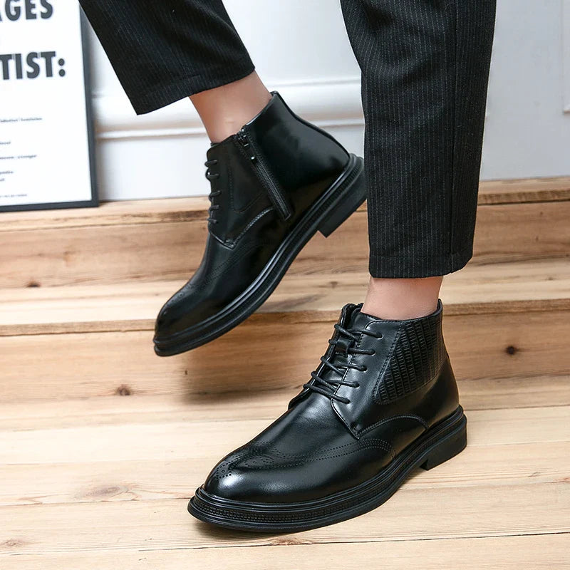 Men Pu Leather High Top Boots With Side Zipper Block Carving Design Business Casual And Handmade Ankle Boots