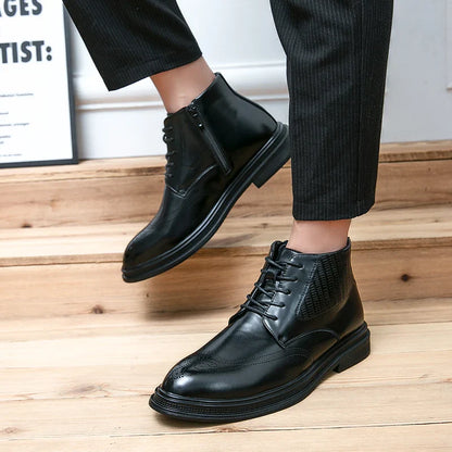 Men Pu Leather High Top Boots With Side Zipper Block Carving Design Business Casual And Handmade Ankle Boots
