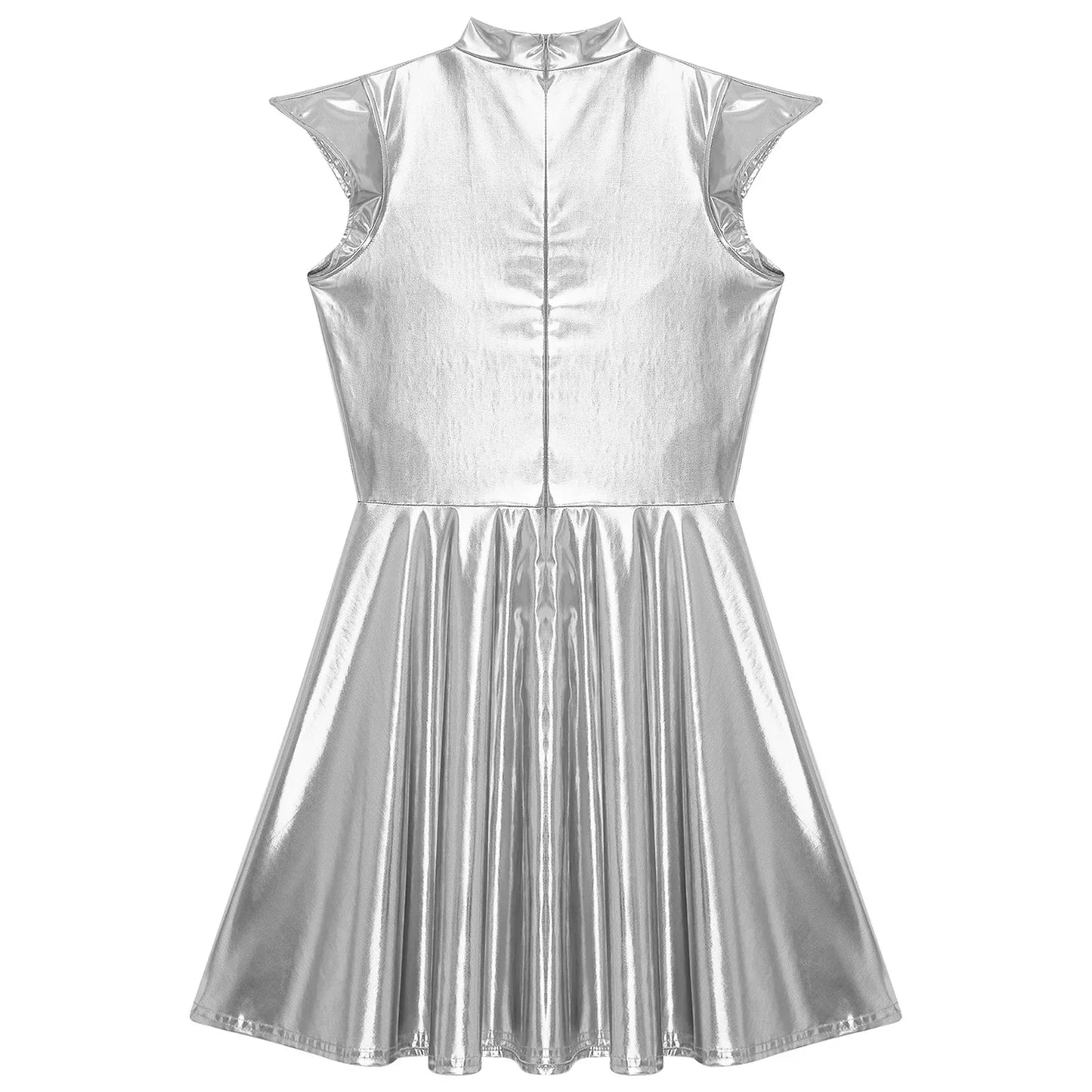 Womens Cocktail Dress Shiny Metallic Dress Alien Space Cap Sleeve High Waist A-line Dress for Halloween Party High Street Dress