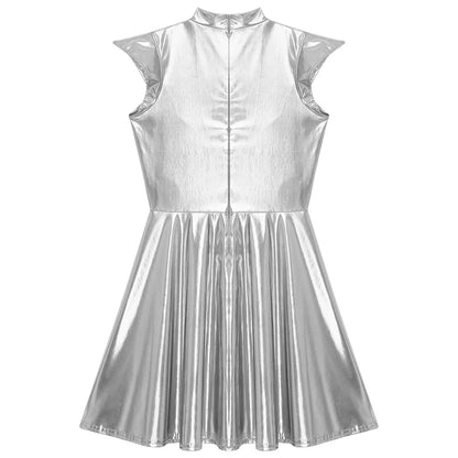 Womens Cocktail Dress Shiny Metallic Dress Alien Space Cap Sleeve High Waist A-line Dress for Halloween Party High Street Dress