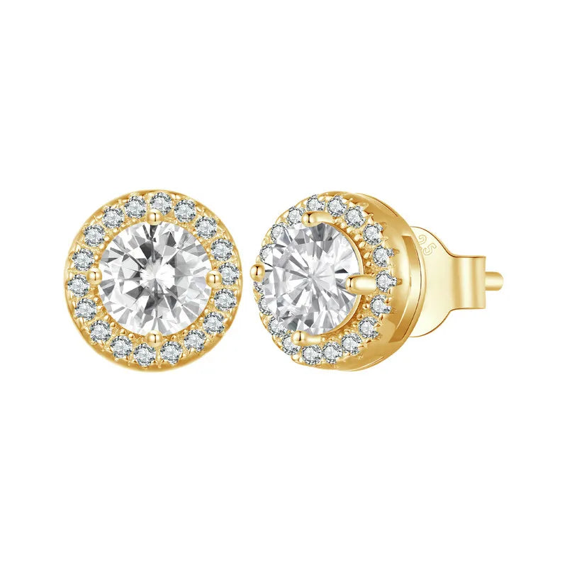 Gold Plated Classic Halo Stud Earrings, 925 Sterling Silver Hypoallergenic Elegant Earrings Engagement Wedding Jewelry