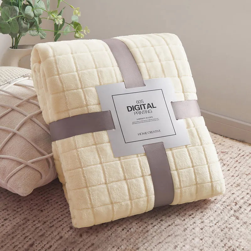 Luxury Grid Coral Velvet Blanket - Soft Fluffy Plush Throw, Thickened Warm for Sofa & Air-Condition Room, Flannel Back