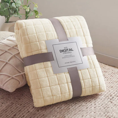 Luxury Grid Coral Velvet Blanket - Soft Fluffy Plush Throw, Thickened Warm for Sofa & Air-Condition Room, Flannel Back