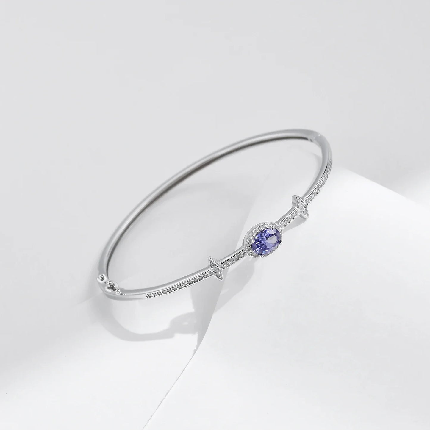 925 Sterling Silver Oval Halo Tanzania CZ  Bangle Bracelet Platinum Plated Fine Jewelry Gift For Women Mom Wife Girls