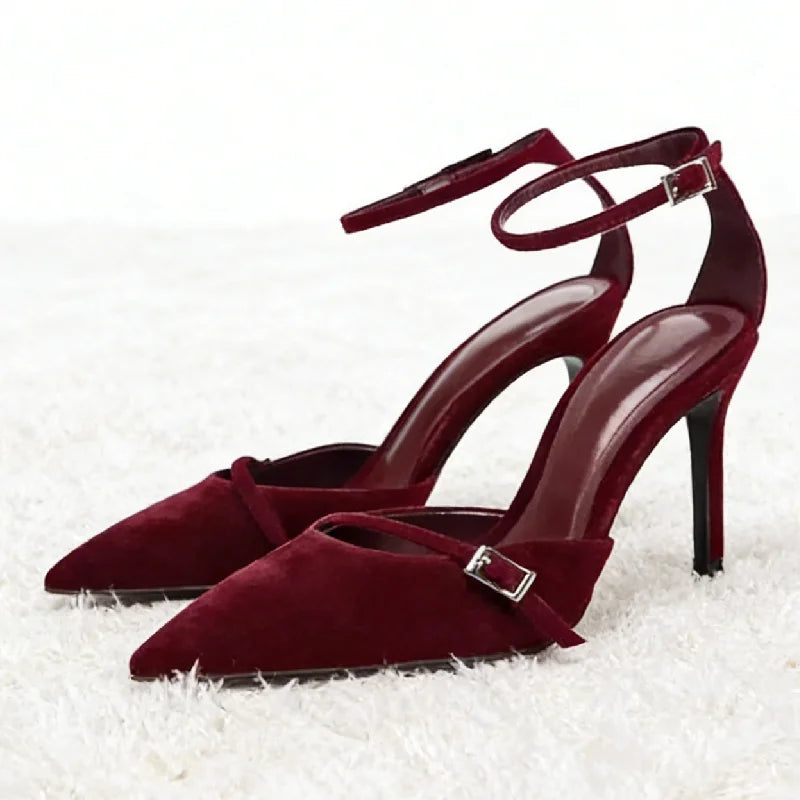 Elegant Burgundy Suede Ankle Strap High Heels Women Sexy Pointed Toe Buckle Strap Women Pumps Designer Party Shoes Heels Wedding