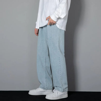 Korean Solid Colors Men's Casual Long Jeans Classic Man Four Seasons Straight Denim Wide-leg Pants Light Blue Grey Black 3XL