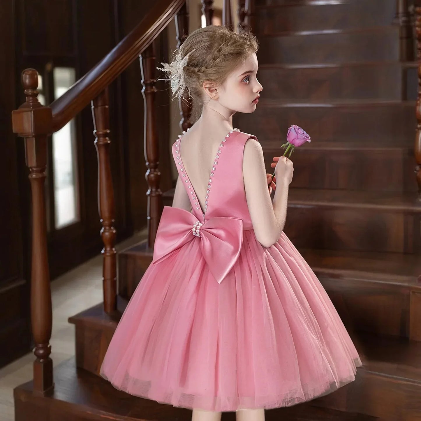Princess Girl Bow Dress Kids Tulle Wedding Guest Party Birthday Pearls Elegant Bridesmaid Pageant Prom Ball Gown Gift
