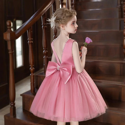 Princess Girl Bow Dress Kids Tulle Wedding Guest Party Birthday Pearls Elegant Bridesmaid Pageant Prom Ball Gown Gift