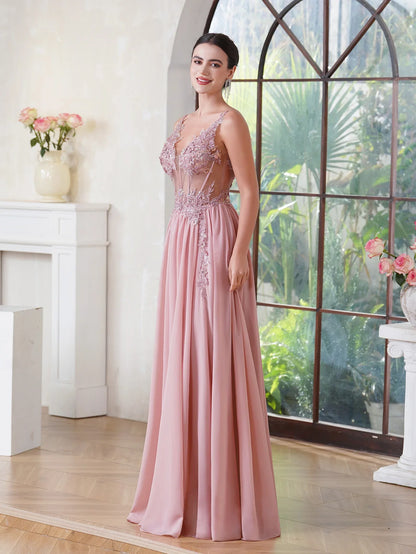 Dusty Pink Sheer Evening Dresses Lace Applique Spaghetti Straps V-Neck Backless Prom Dress Chiffon A-Line 2025 Formal Party Gown