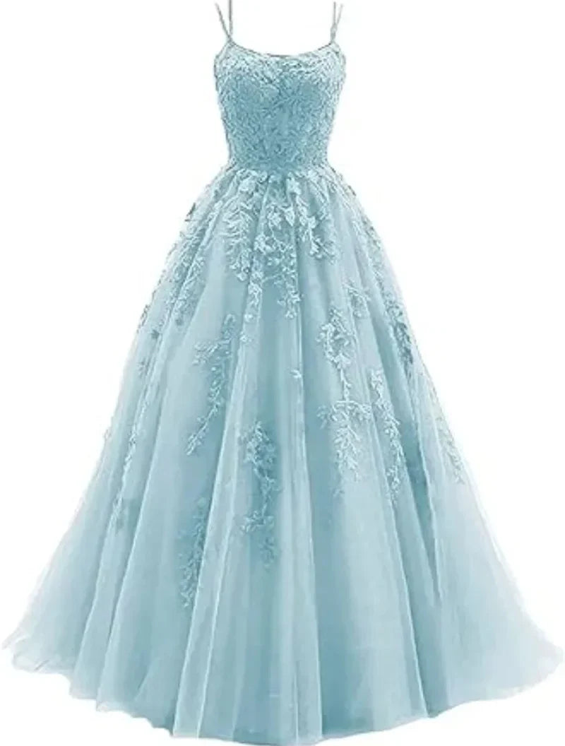 Tulle Spaghetti Straps Prom Dresses Long Lace Appliques Ball Gowns for Women