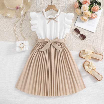 Kids Casual Dress for Girls Clothes Summer 2024 New Children Fashion Sleeveless Red High Waist Princess Dress with Belt 7-8Y
