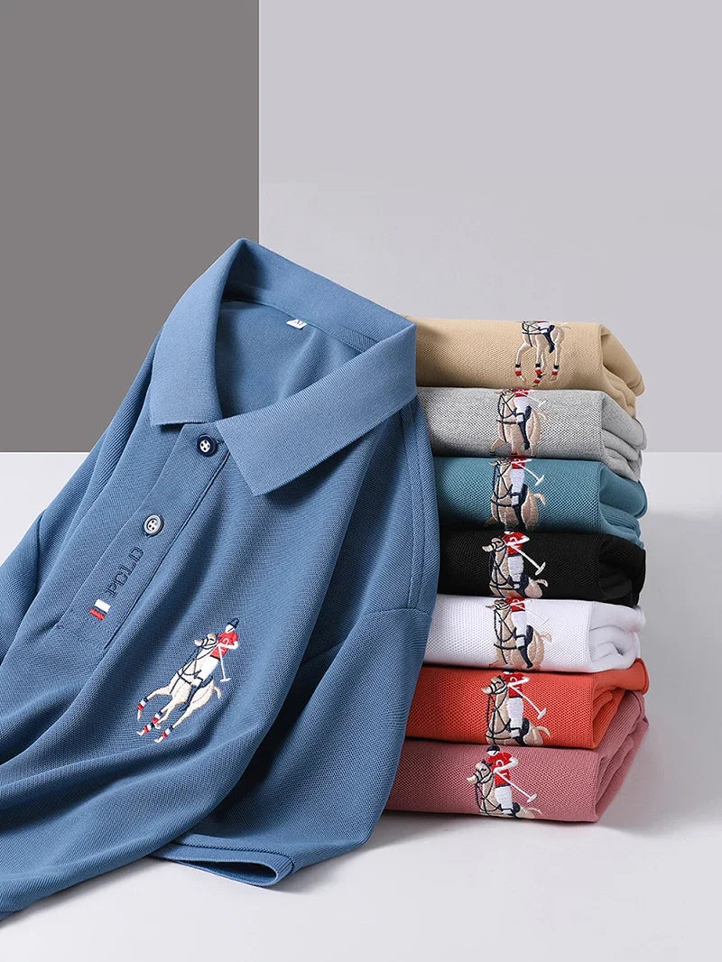 High end brand men's exquisite printed polo shirt short sleeve 2024 summer new cool and comfortable silk casual lapel T-shirt