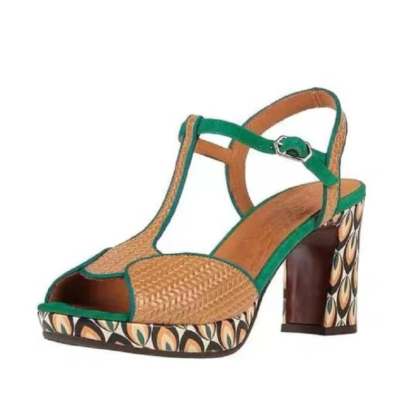Genuine Leather Shoes High Heels Women Luxury Platform Sandals Thick Heels Designer Square Ladies 36-44