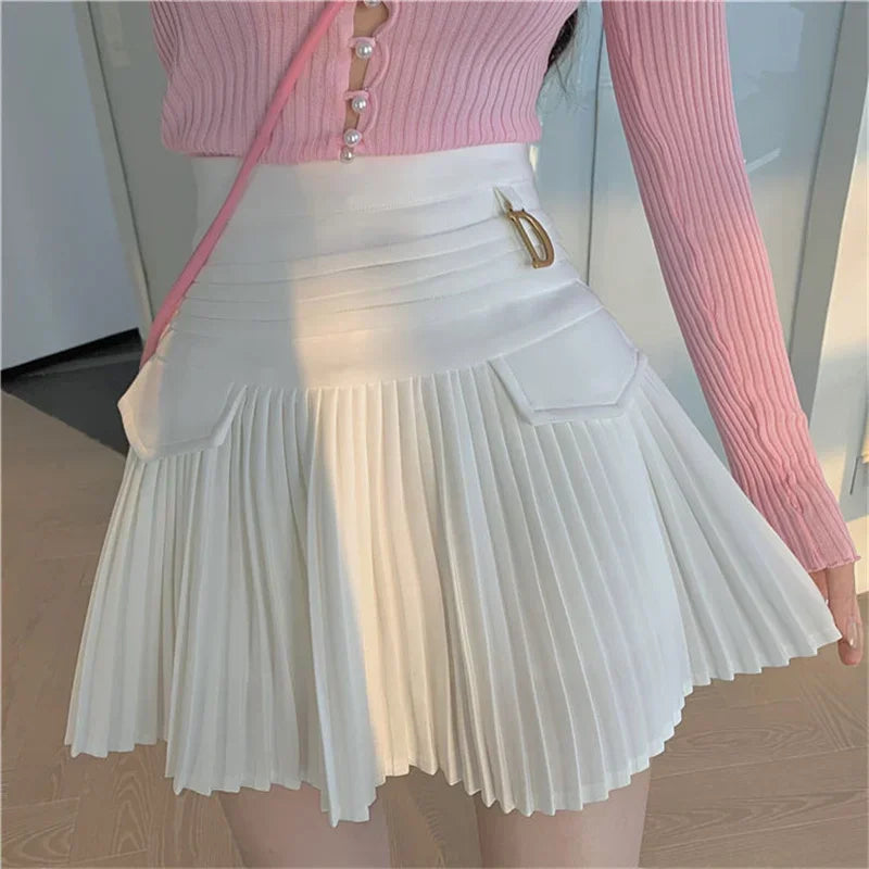 Fashions White Pleated Skirt Women High Waist Skater Skirt Female Korean A-Line High Fashion Casual Short Skirt Women Bottoms