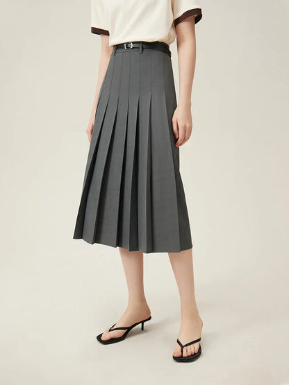 2025 New Arrival Women Zipper Waist Office Lady Elegant Grey Skirt Pleated Design Navy Blue Color Long Skirt Daily Outfits