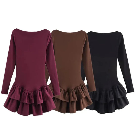 Womens Dresses Ruffled Corset Dress Summer 2025 Red Brown Black Dress O-Neck Long Sleeve Dresses Layered Party Vestidos 066