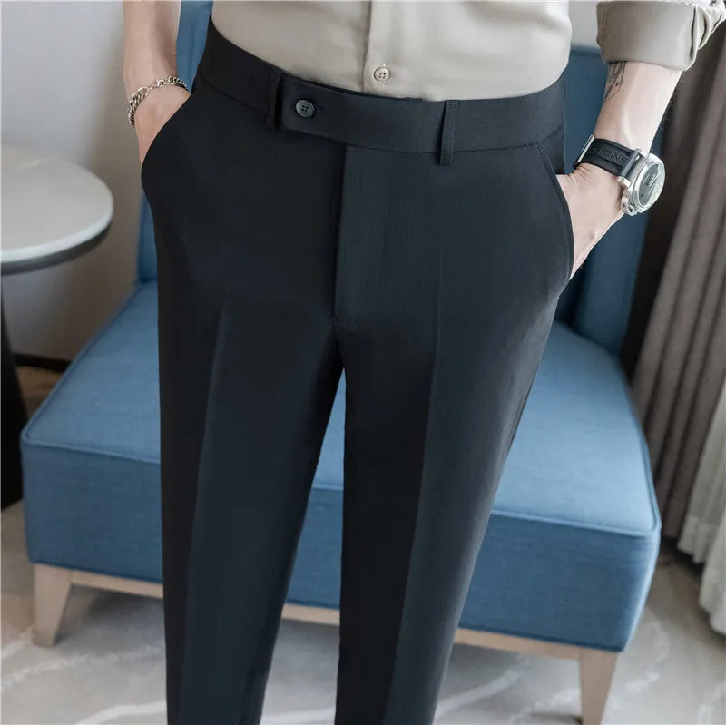 Stretch Solid Color Men's Trousers, Suitable for Business Casual, Parties, Formal Events, and Ankle-length Slim Pants.28-40