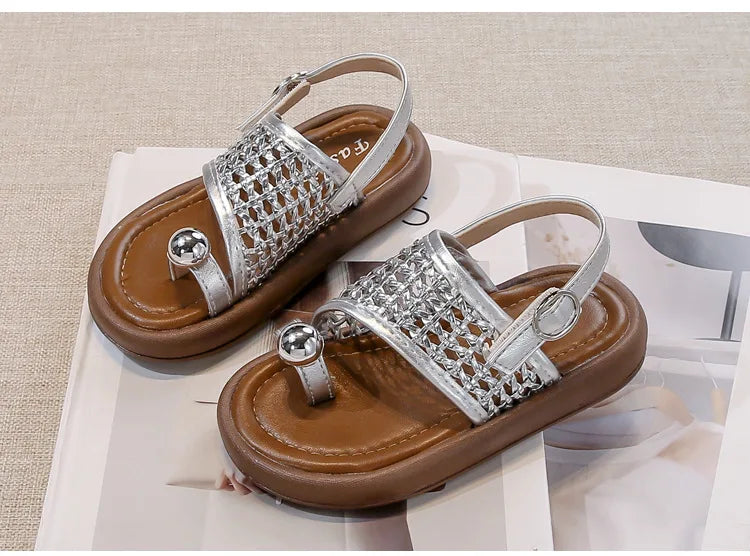 Children's Shoes Girls Flip-flops 2025 Brand Summer Sandals for Kids Fashion Braided Beach Shoes Princess Flat Slingbacks I05281