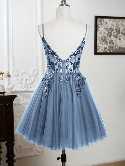 Mini Cocktail Dress Sequin Appliques V-Neck Backless Spaghetti Strap Gowns Pleated Tulle A-Line Homecoming Dresses