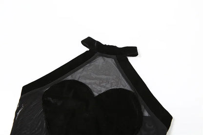 Flocking Heart Sexy Bodysuit Lingerie See Through Mesh One-pieces Body Feminino Sleeveless Bustier Black Tops Women Neck-mounted