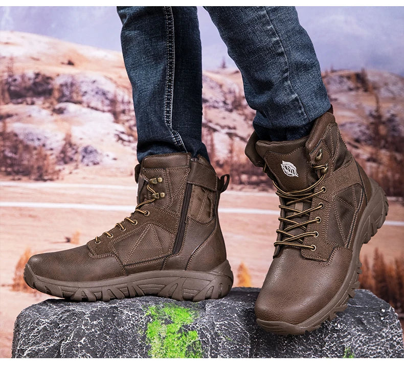Brand High-Top Leather Men's Boots Breathable Desert Combat Men Work Ankle Outdoor Non-slip Hiking Boots Men's Motorcycle Boots