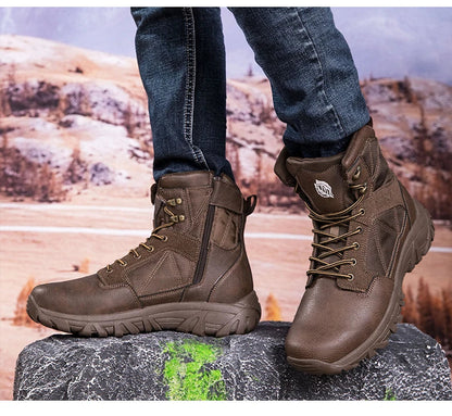 Brand High-Top Leather Men's Boots Breathable Desert Combat Men Work Ankle Outdoor Non-slip Hiking Boots Men's Motorcycle Boots