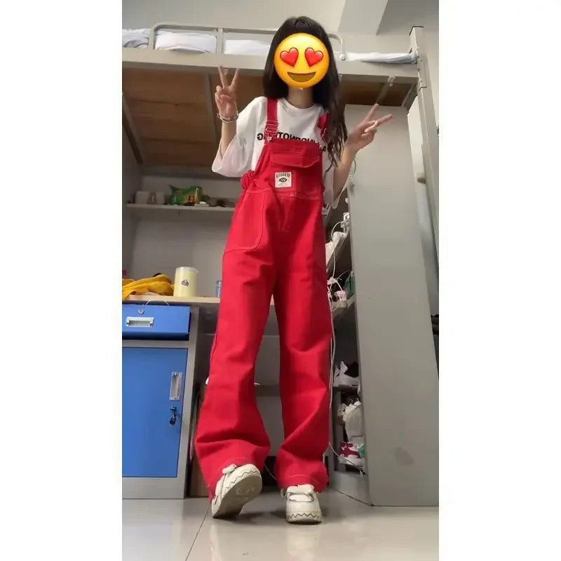 American Retro Red Denim Overalls Women Summer Loose Slimming Design Long Pants High Waist Overalls Vintage Style Jeans