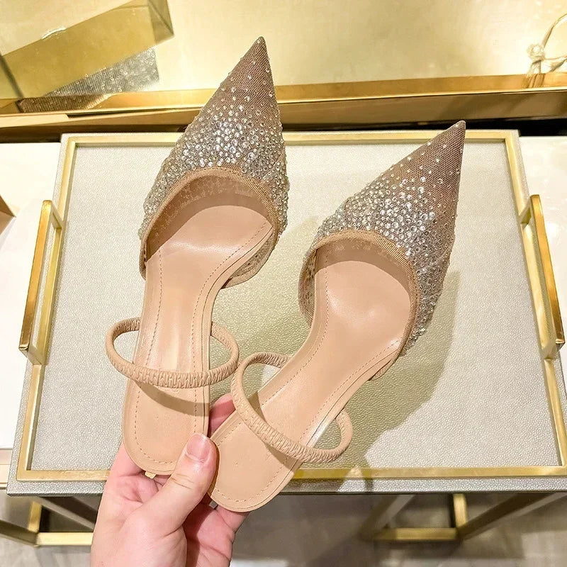 Luxury Designer Shiny Rhinestone High Heels Shoes for Women Summer Sexy Pointed Toe Pumps Elegant Slingbacks Heeled Sandals