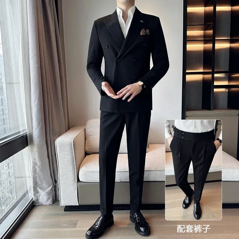 (Jackets+Pants) Luxury Double Breasted Design Slim Fit Suit High Quality Fashion Men's Wedding Social Suit Tuxedo 2 Piece Set