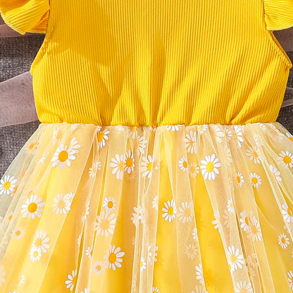 Girls 4-7 Yellow Summer Casual Dress, Front Ruffled Sleeve Design with Bow & Daisy Print Tulle Skirt, Daily Kids Outfit