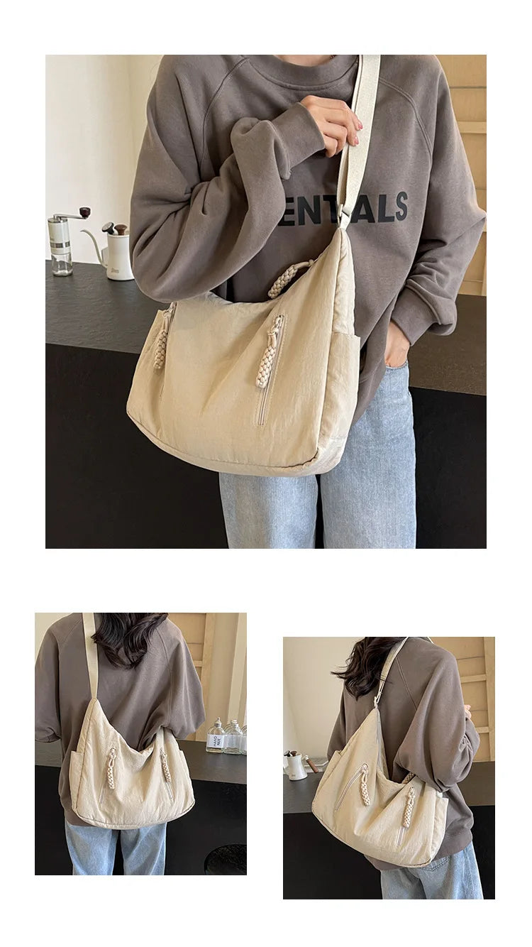 Summer Women Solid Color Shoulder Bag Fashion Lightweight Versatile Travel Crossbody Bag Commuter Nylon Large Capacity Hobo Bag