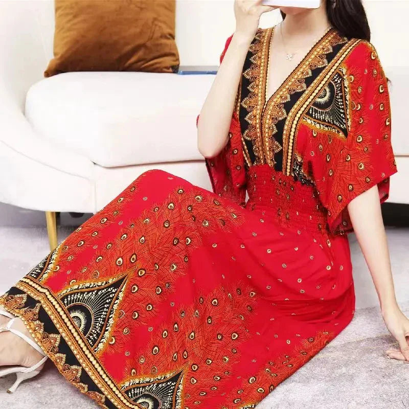 Flower V-neck Elastic Youthful Bohemian Sweet Midi Dress Woman Clothes Chic Fashion Summer Dresses 2025 Large Swing Ski