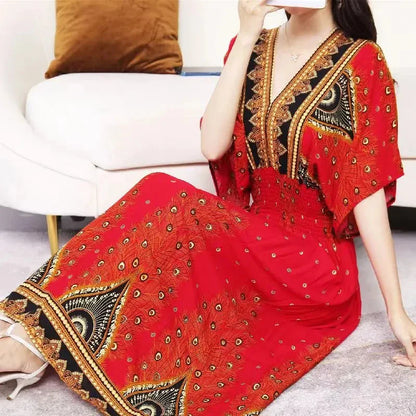 Flower V-neck Elastic Youthful Bohemian Sweet Midi Dress Woman Clothes Chic Fashion Summer Dresses 2025 Large Swing Ski