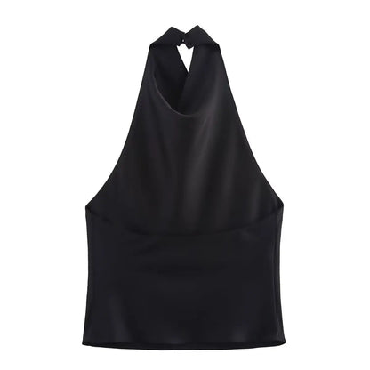 Elegant Women's Satin Backless Halter Vest Summer Solid Sleeveless Sexy High Street Waistcoat Female Slim Camisole Tops