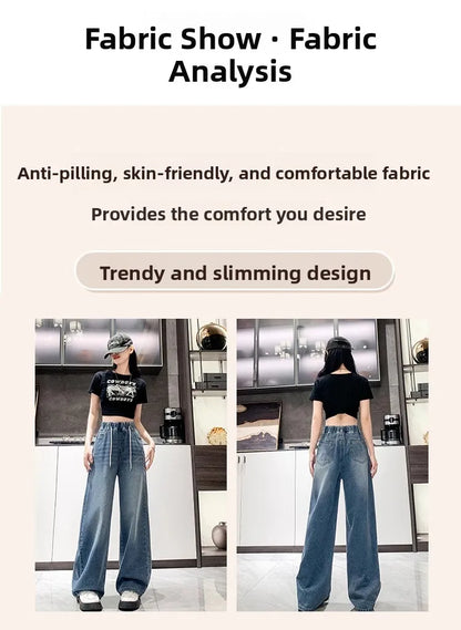 Calça Jeans Feminina Plus Size Folgada Cintura Alta Perna Larga Azul Claro Elástico na Cintura Cordão Calças Outono Moda Plus Size
