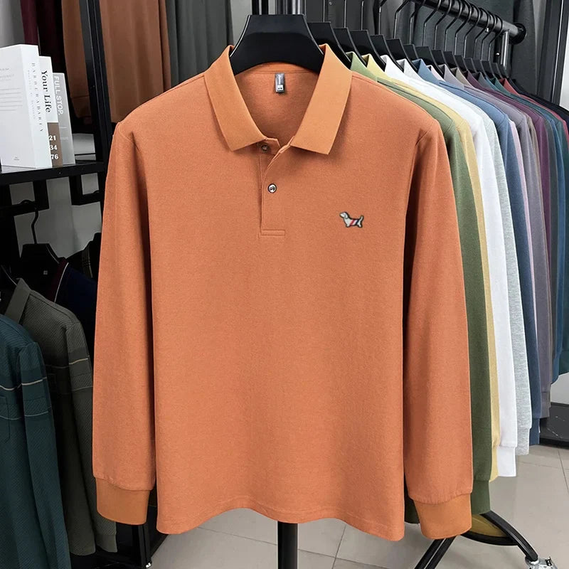 Fashion brand autumn new men's top casual warm 100% cotton long sleeved Polo shirt