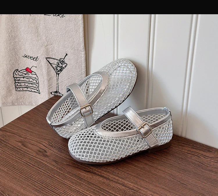 Toddler Girls Mesh Ballet Flats 2026 New Summer Ankle Strap Sandals Non-slip Simple Princess Outdoor Beach Sandals Metallic Gold