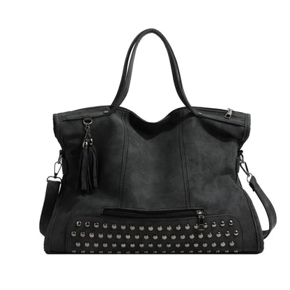 Vintage Designer Luxury Women Tote Bag Casual Lage Capacity Handbags Fashion Rivet Tassel PU Leather Female Shoulder Bag