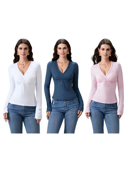 Women y2k Long Sleeve Bodycon T-Shirts Sexy V Neck Low-cut Solid Color Soft Slim Fit Tops Spring Fall Casual Going Out Tee Top