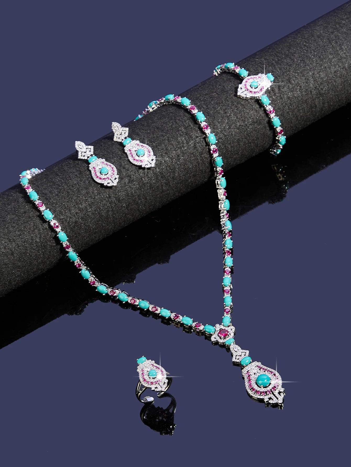 4 Pieces Luxury Blue Turquoise Cubic Zirconia Bridal Jewelry Set Nigeria Dubai Bridal Jewelry Accessories