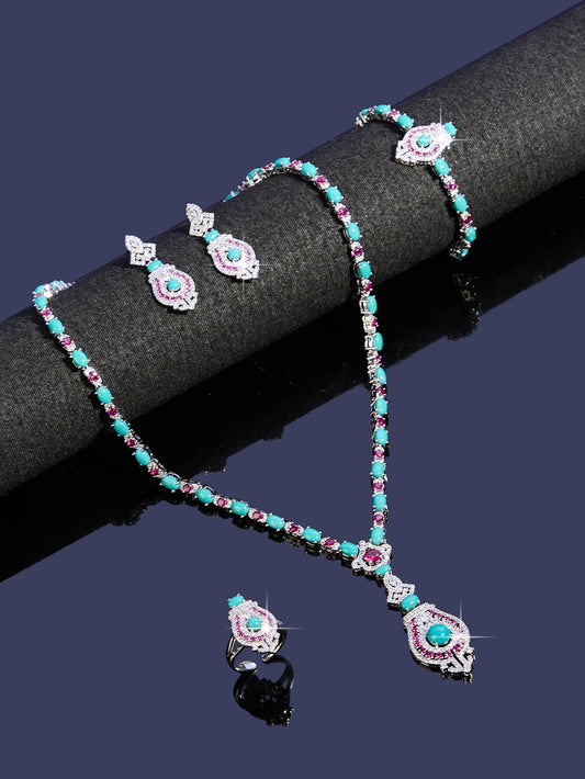 4 Pieces Luxury Blue Turquoise Cubic Zirconia Bridal Jewelry Set Nigeria Dubai Bridal Jewelry Accessories